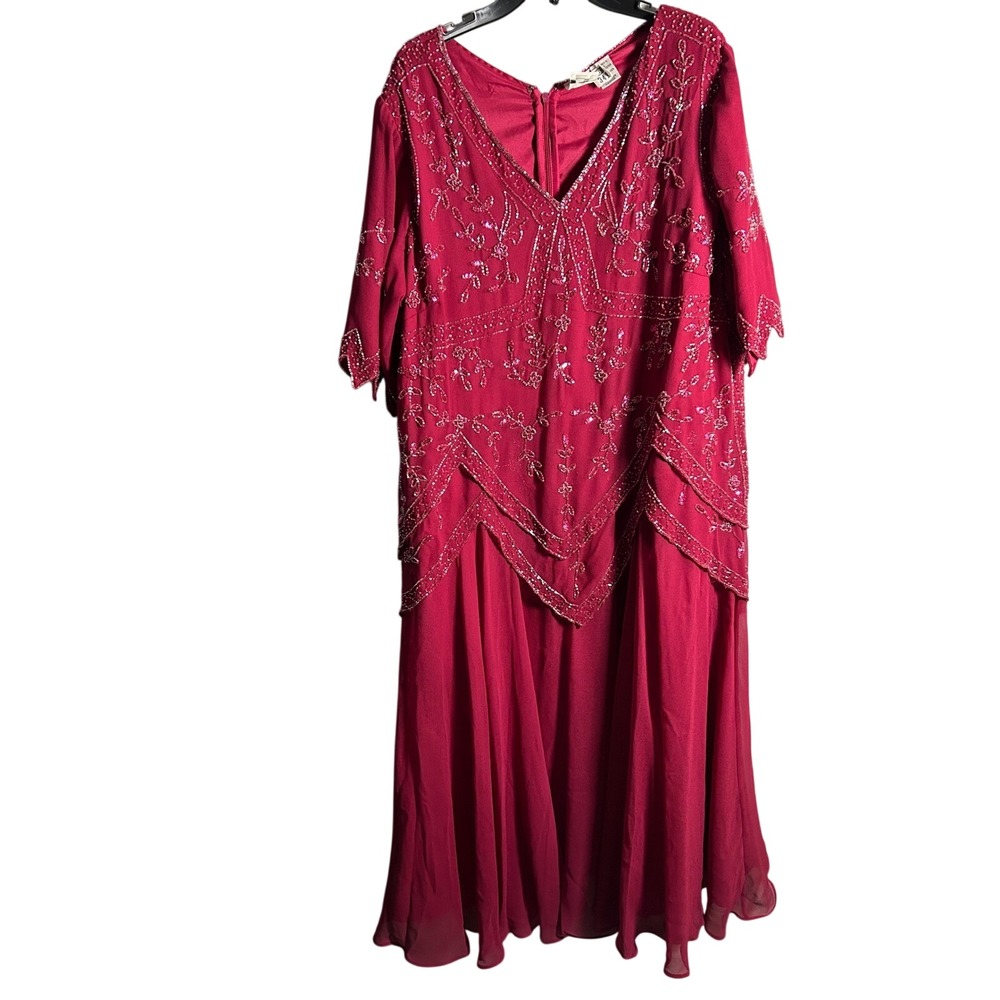 ROAMAN'S RUBY RED  BEADED SEQUINS LAYERED EVENING DRESS‎ SIZE 18 W